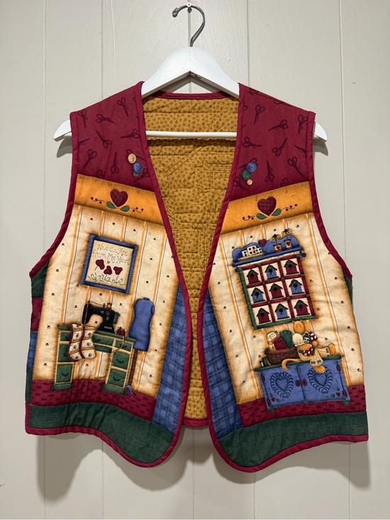 Handmade Jackets & Blazers - Quilted Folk Art Patchwork Vest in Burgundy and Mustard